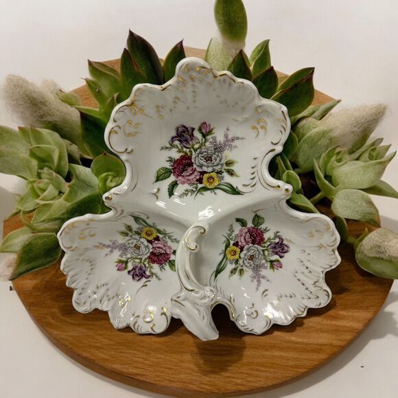 Beckwith Porcelain Leaf Shaped 11” Candy Dish Purple Mauve Floral Gold Trim - Picture 1 of 9